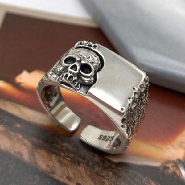 Men's Sterling Silver Skull Signet Ring - Image 2