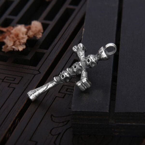 Men's Sterling Silver Skulls Cross Necklace - Image 2