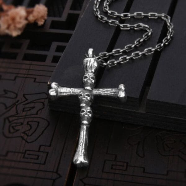 Men's Sterling Silver Skulls Cross Necklace - Image 3