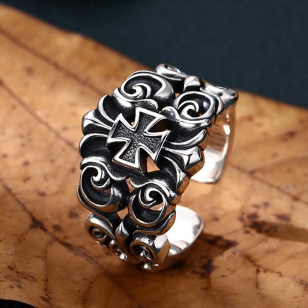 Men's Sterling Silver Ivy Pattern Iron Cross Ring - Image 2