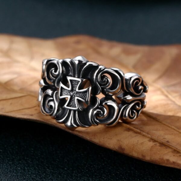 Men's Sterling Silver Ivy Pattern Iron Cross Ring - Image 3
