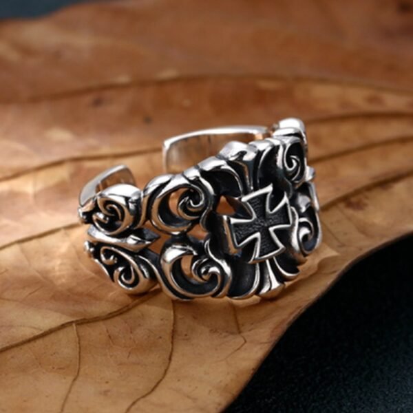 Men's Sterling Silver Ivy Pattern Iron Cross Ring - Image 4