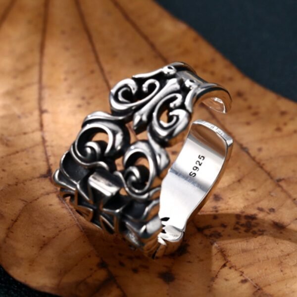 Men's Sterling Silver Ivy Pattern Iron Cross Ring - Image 5