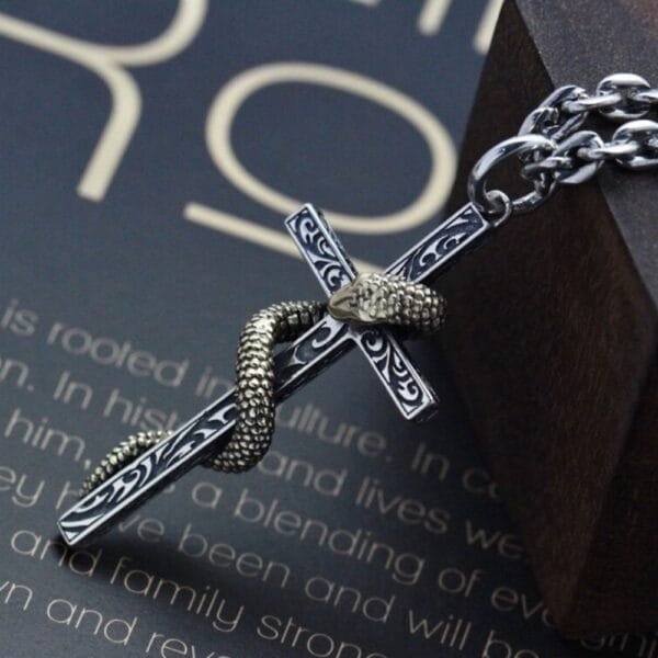 Men's Sterling Silver Snake Cross Necklace - Image 2