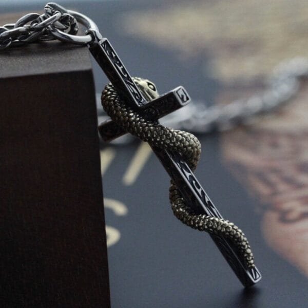 Men's Sterling Silver Snake Cross Necklace - Image 4