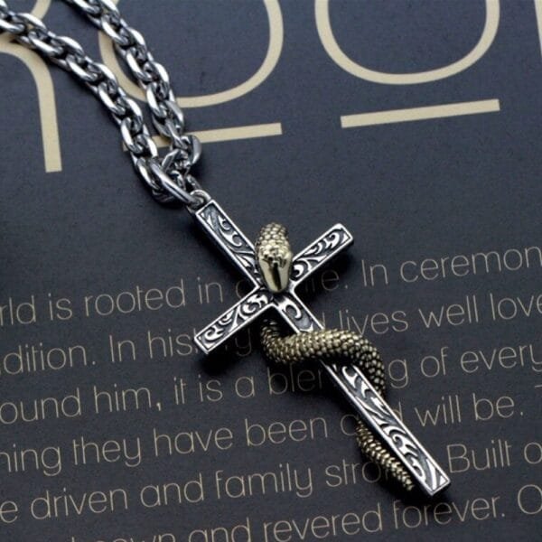 Men's Sterling Silver Snake Cross Necklace - Image 5