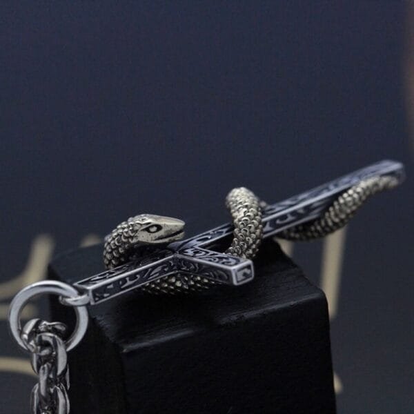 Men's Sterling Silver Snake Cross Necklace - Image 6