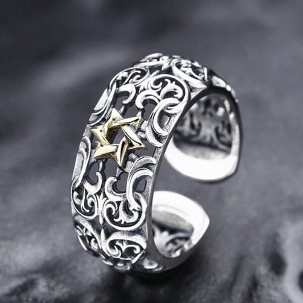 Men's Sterling Silver Star of David Ivy Pattern Ring - Image 2