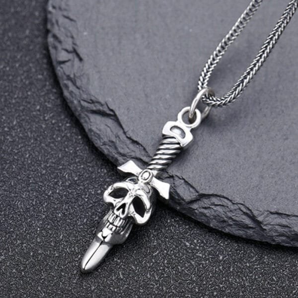 Men's Sterling Silver Sword Skull Necklace - Image 3