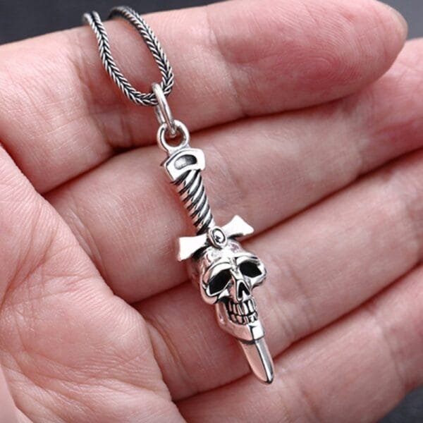 Men's Sterling Silver Sword Skull Necklace - Image 5