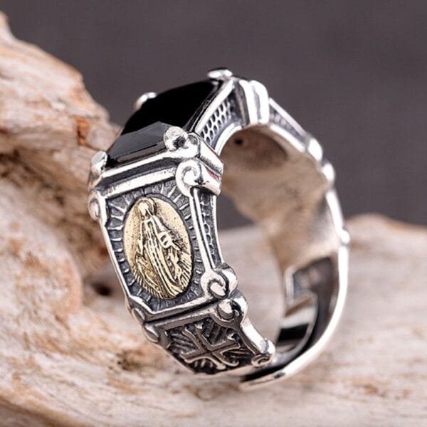 Men's Sterling Silver Virgin Mary Black Onyx Ring - Image 4