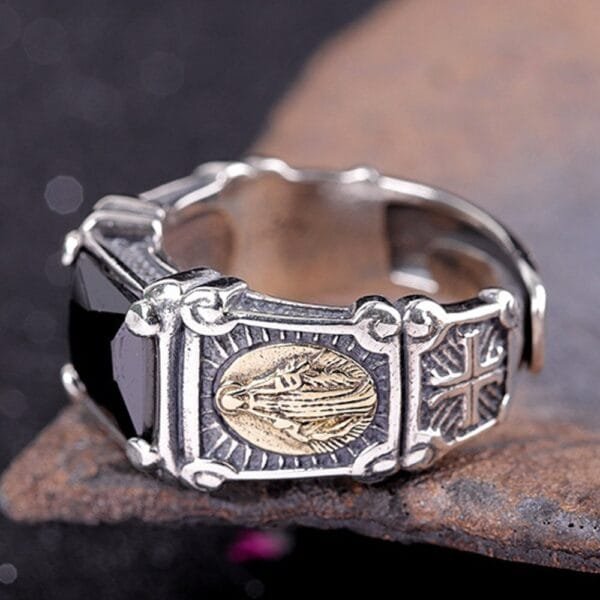 Men's Sterling Silver Virgin Mary Black Onyx Ring - Image 5
