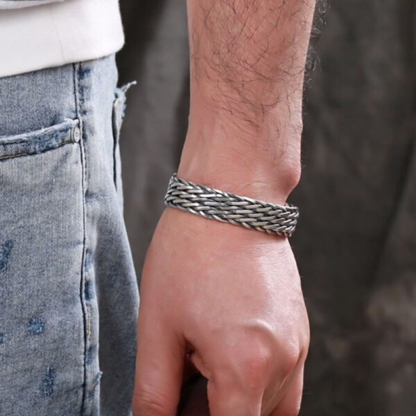 Men's Sterling Silver Wide Braided Cuff Bracelet - Image 7