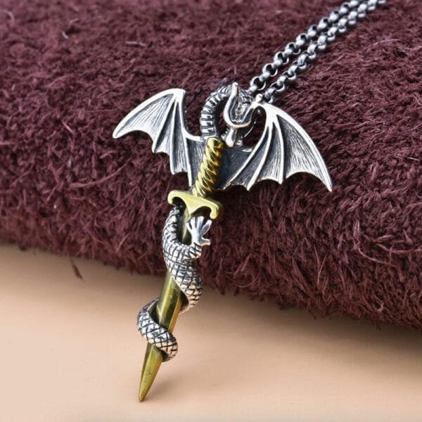 Men's Sterling Silver Flying Dragon Sword Necklace - Image 2