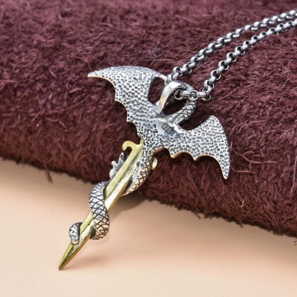 Men's Sterling Silver Flying Dragon Sword Necklace - Image 3