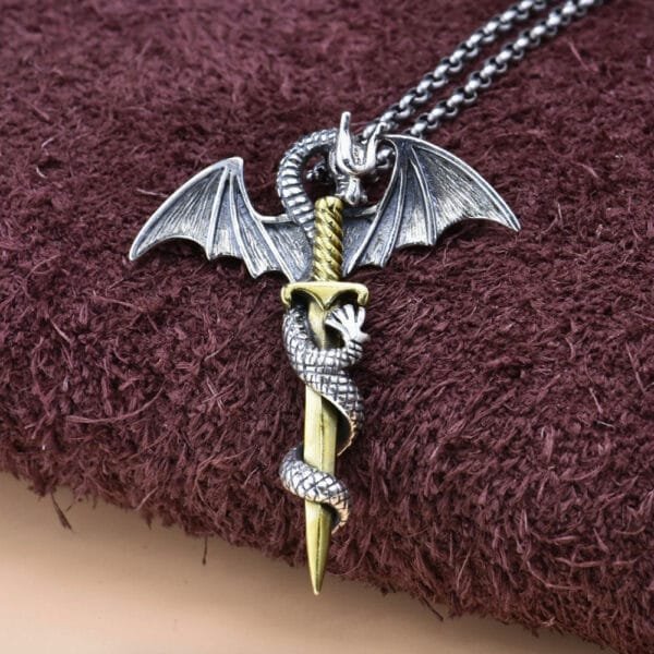 Men's Sterling Silver Flying Dragon Sword Necklace - Image 4