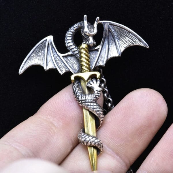 Men's Sterling Silver Flying Dragon Sword Necklace - Image 5