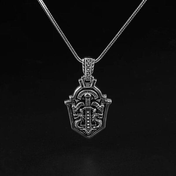 Men's Sterling Silver Sword Shield Necklace - Image 3