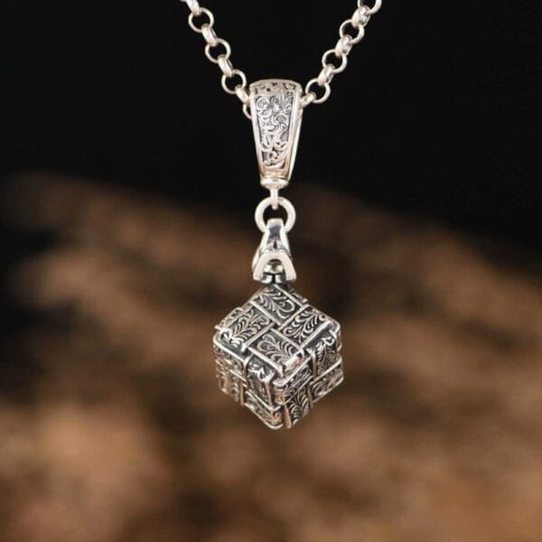 Sterling Silver Ivy Pattern Cube Pendant Necklace