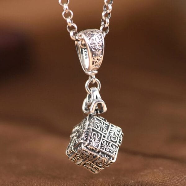Sterling Silver Ivy Pattern Cube Pendant Necklace - Image 5
