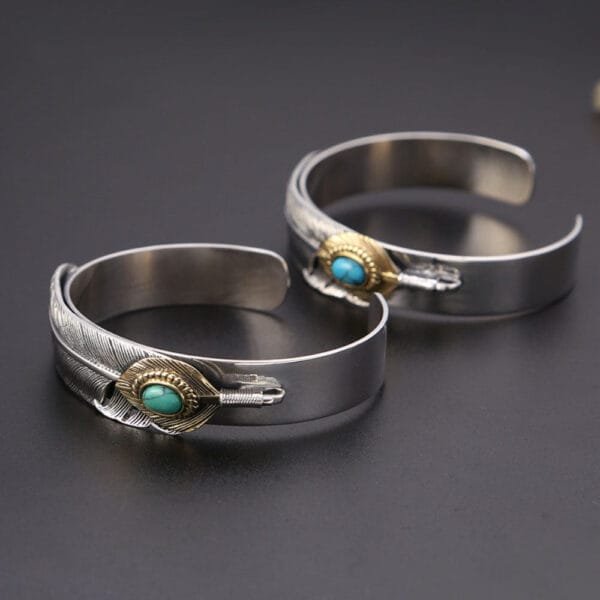 Sterling Silver Turquoise Feather Cuff Bracelet - Image 2