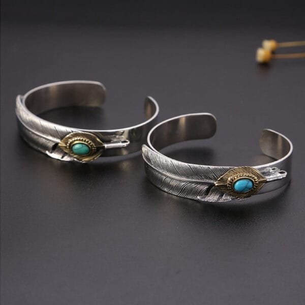 Sterling Silver Turquoise Feather Cuff Bracelet - Image 3