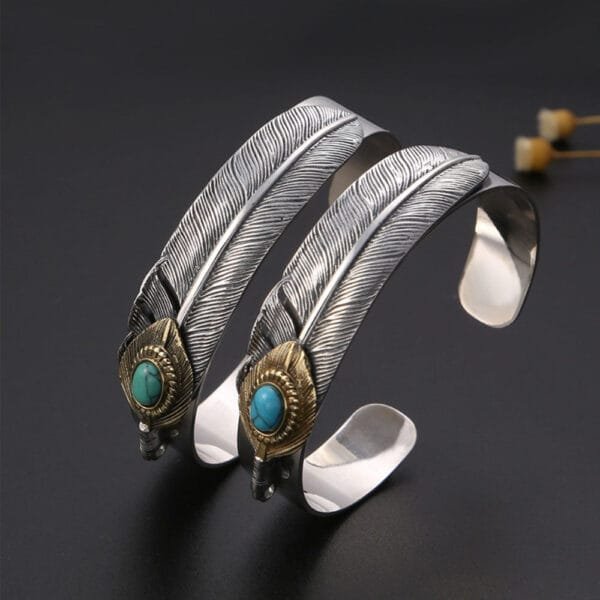 Sterling Silver Turquoise Feather Cuff Bracelet - Image 5