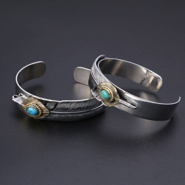 Sterling Silver Turquoise Feather Cuff Bracelet - Image 7