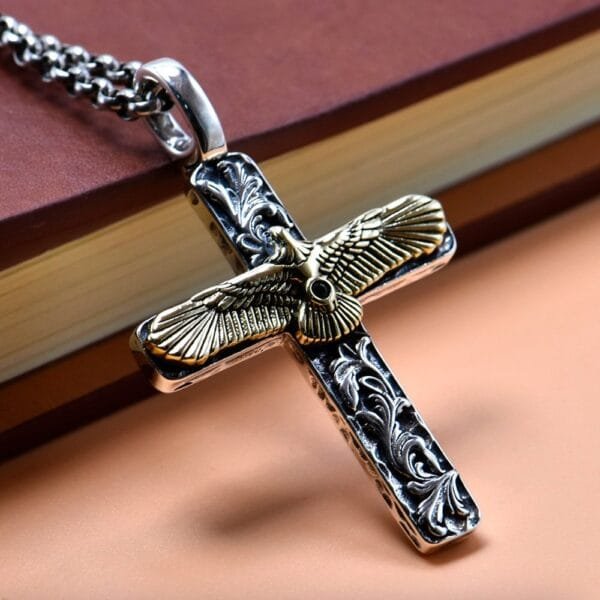 Men's Sterling Silver Eagle Cross Necklace - Image 4