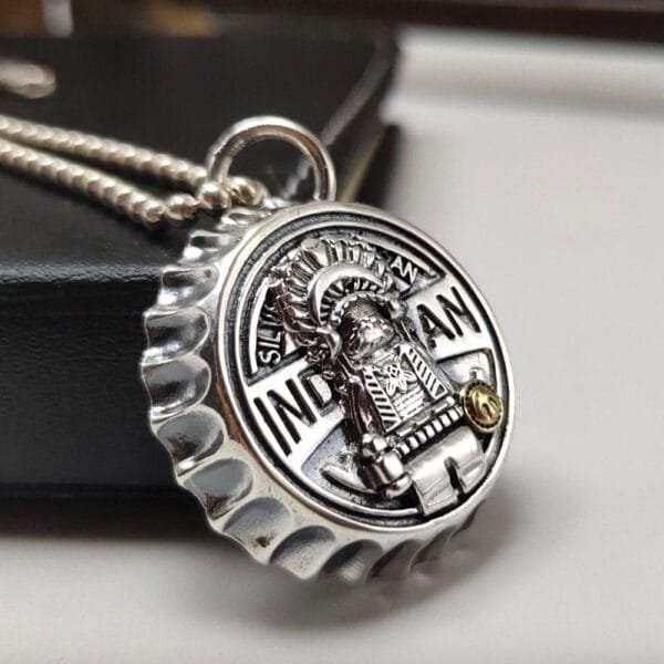 Sterling Silver Indian Chief Bottle Cap Necklace - Image 2