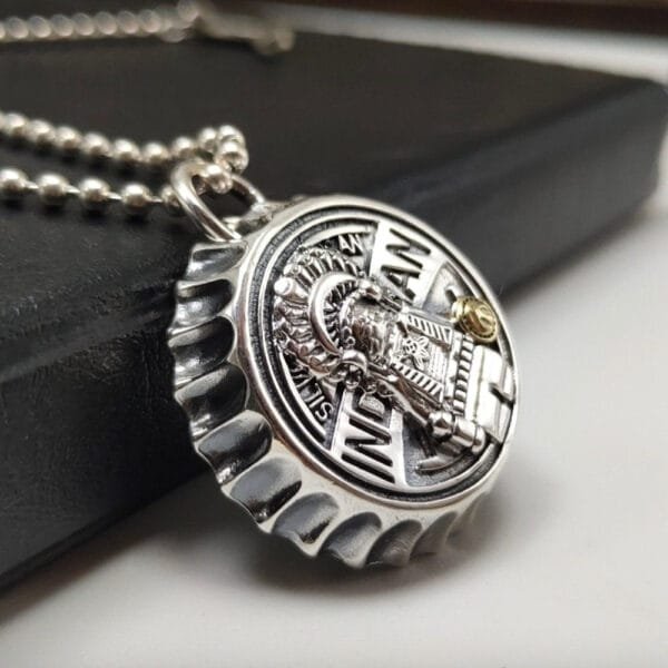 Sterling Silver Indian Chief Bottle Cap Necklace - Image 4