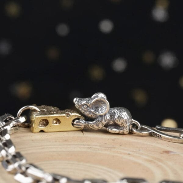 Sterling Silver Mouse Loving Cheese Chain Bracelet - Image 2