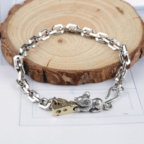 Sterling Silver Mouse Loving Cheese Chain Bracelet - Image 3