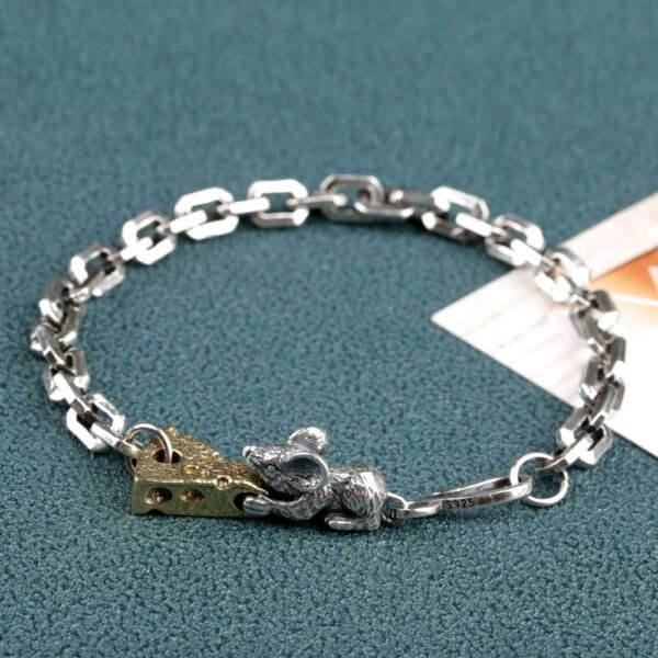 Sterling Silver Mouse Loving Cheese Chain Bracelet - Image 4