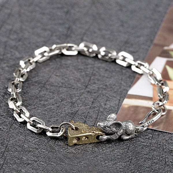 Sterling Silver Mouse Loving Cheese Chain Bracelet - Image 5
