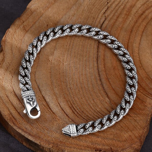 Sterling Silver Fleur de Lis Cuban Chain Bracelet for Men - Image 5